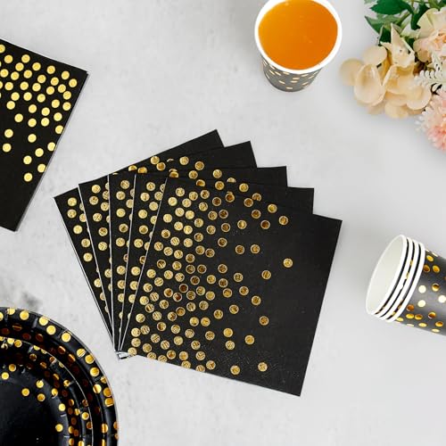 Black and Gold Party Supplies - 350 PCS Disposable Dinnerware Set - Black Paper Plates Napkins Cups, Gold Plastic Forks Knives Spoon for Halloween, Graduation, Birthday, Cocktail Party - color: Black & Gold