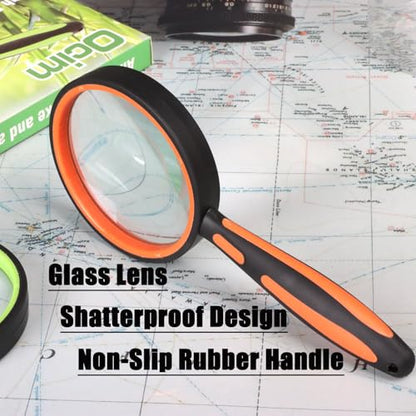 Ocim 2 Pack Magnifying Glass,75mm 10X Handheld Shatterproof Magnifier Lens with Non-Slip Rubber Handle for Seniors/Kids Reading & Science/Explore,Large