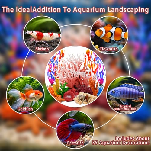 35PCS Coral Reef Aquarium Decorations Set, Ocean Style Aquarium Decor with Artificial Coral, Plants, Seashells, Anemones and Starfish for Freshwater, Saltwater and Tropical Fish Tanks