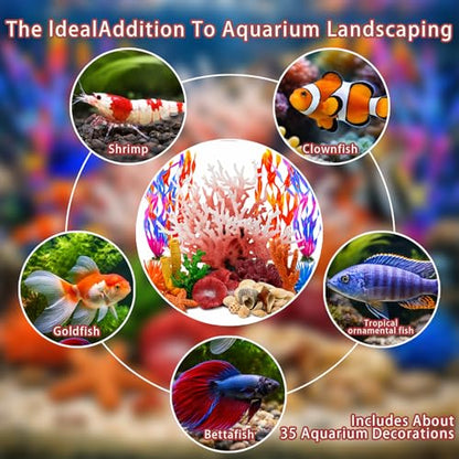 35PCS Coral Reef Aquarium Decorations Set, Ocean Style Aquarium Decor with Artificial Coral, Plants, Seashells, Anemones and Starfish for Freshwater, Saltwater and Tropical Fish Tanks