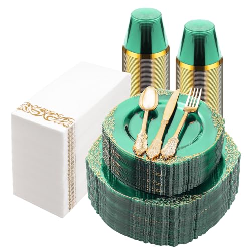 Bestluck 350PCS Clear Green Plastic Plates for 50 Guests - color: Green, size: 50 Guests
