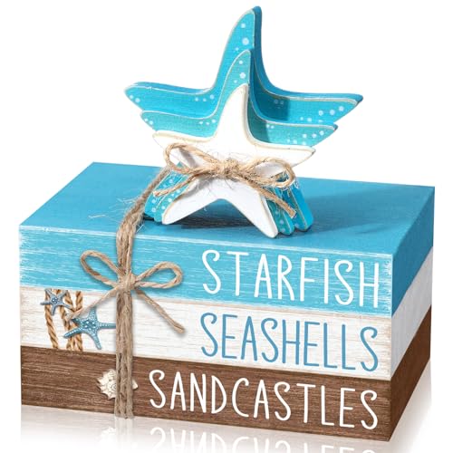 Geelin 4 Pcs Summer Beach Tiered Tray Decor Wooden Book Stack Signs, Starfish Seashell Coastal Nautical Table Centerpiece for Shelf Coffee Bar Home Kitchen Beach House Decorations - style: Starfish