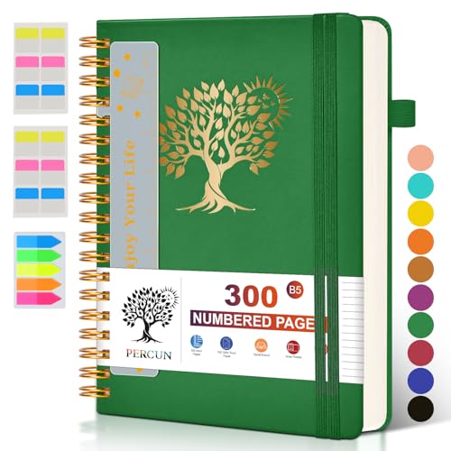 PERCUN Large Spiral Notebook Journal for Women Men - 300 Numbered Lined Pages, College Ruled,B5 Hardcover Spiral Bound Notebook for School, Work, Note Taking, Writing, Leather Spiral Journal 7"x10" - color: Green, size: B5 size (7in x 10in)