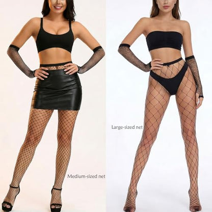 Fish Nets Leggings and Fishnet Arm Sleeves Set for Womens Costumes Black Mesh Tights High Stockings Gloves
