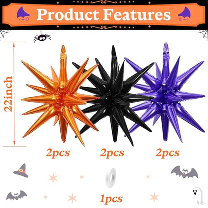 Black Orange Purple Star Balloons, 6PCS 22 Inch Foil Explosion Star Balloon - color: Black Orange Purple