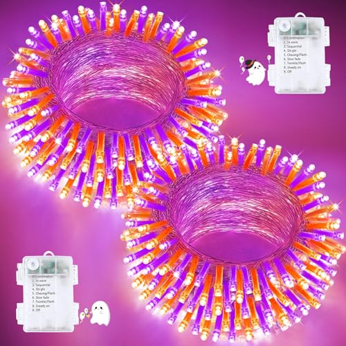 2 Pack 200 LED Battery Operated Halloween Lights, 8 Modes String Lights - color: Orange and Purple, size: 2PK(100LED)