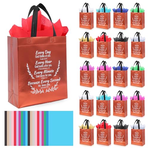 LUAVIARU 80 Pcs Bible Verse Christian Gift Bags Set – 40 Brown Reusable Gift Bag with Handles & 40 Tissue Paper, Religious Gift Bag for Church Events, Baptism, Easter, Communion, Congratulations - color: Brown, size: 40