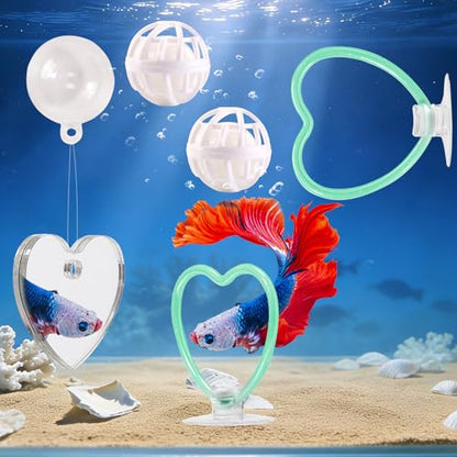 Betta Fish Toys, 2 PCS Heart Fish Exercise Ring and Nitrifying Balls Set, Heart Betta Mirror Toy Set, Feeding Ring with Suction Cup, Fishing Tank Accessories for Gifts (Green) - color: Green Heart