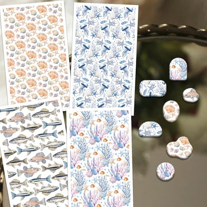 OLYCRAFT 24Pcs Ocean Clay Transfer Paper 4 Styles Transfer Paper for Polymer Shells Fish Polymer Clay Transfer Sheets Ocean Theme Small Transfer Paper for Clay Earrings Jewelry Making