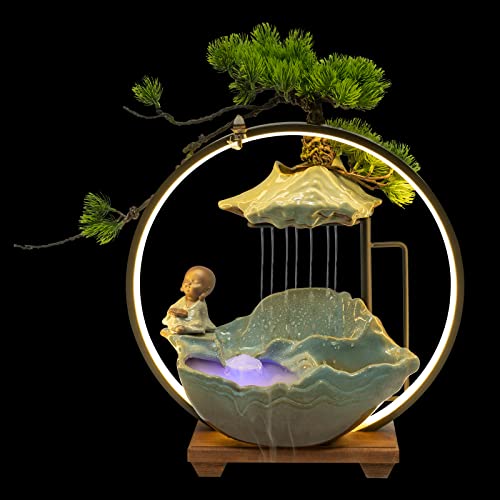 Backflow Incense Holder with Water Fountains and LED Light, Rockery, Monk and Plants Perfect for Relaxing or Home Decor (Monk witn Rockery) - style: Monk witn Rockery