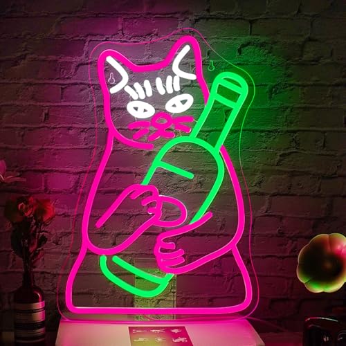 WLHOPE Beer Neon Sign Cat Neon Signs for Wall Decor LED Lights Decorations With Pink Cute Cat for Bar Kitchen Restaurant Man Cave Birthday Parties Gifts - color: Beer Cat