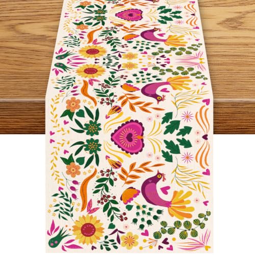 Mexican Table Runner, Rustic Colorful Mexico Fiesta Floral Birds Dia De Los Muertos Day of The Dead Boho Coffee Table Center Decor for Kitchen Dining Holiday Home Party Table Decorations, 13"x36" - color: Mexican-2, size: 13“ X 36"