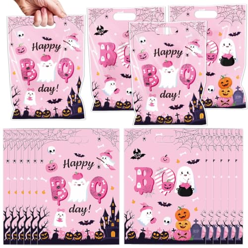 Falueqg Halloween Favors Bags - 50 Pcs Halloween Happy Boo Day Goodie Bags with Ghost Pink Cute Style, Party Supplies Plastic Gifts Pouches for Family Gathering Celebration - color: Halloween Happy Boo Day