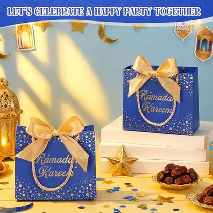 Glenmal 60 Pcs 5.51x2.36x4.72'' Ramadan Gift Bags Ramadan Mubarak Blue Paper Party Bags Eid Mubarak Treat Goodie Bag with Handle and Ribbon for Ramadans Kareem Eid Mubarak's Party Supplies - color: Blue, size: 1 count (Pack of 60)