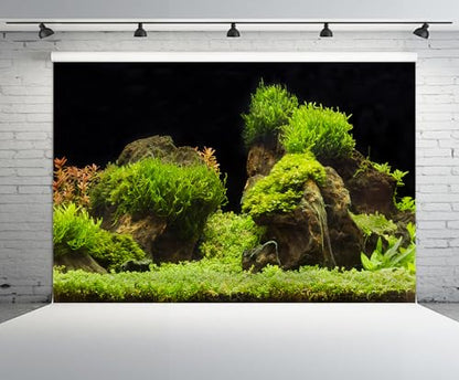 20x10ft Fish Tank Backdrop Aquarium Underwater Grass Leaves Aquatic Plant River Stone Bed Lake Background Diving Holiday Fishing Party Decoration Photo Props Wallpaper - size: 20x10FT