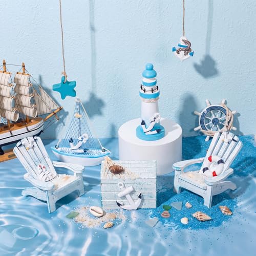 Queekay 7 Pcs Wooden Box Wooden Lighthouse Mini Sailboat Anchor Fish Hanging Starfish Model Spring Summer Easter Tree Ornament Decoration Aquarium Landscape Ornament Mini Garden Landscape (Novelty) - style: Novelty