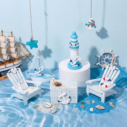 Queekay 7 Pcs Wooden Box Wooden Lighthouse Mini Sailboat Anchor Fish Hanging Starfish Model Spring Summer Easter Tree Ornament Decoration Aquarium Landscape Ornament Mini Garden Landscape (Novelty) - style: Novelty