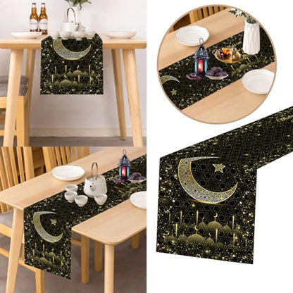 이드 무바라크 라마단 테이블 러너 33 x 182.9cm(13 x 72인치), 문 앤 스타 모스크 블랙 앤 골드 리넨 테이블 러너, 식탁, 옷장 및 홈 데코용 라마단 무바라크 테이블 러너 - color: 골드 블랙 이드 무바라크 라마단 테이블 러너