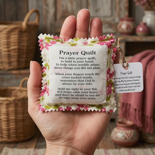1PC Handmade Pocket Prayer Quilt with Cross Inside - Individually Sewn Colorful Mini Scripture Quilt, Christian Sympathy & Remembrance Gift for Believers