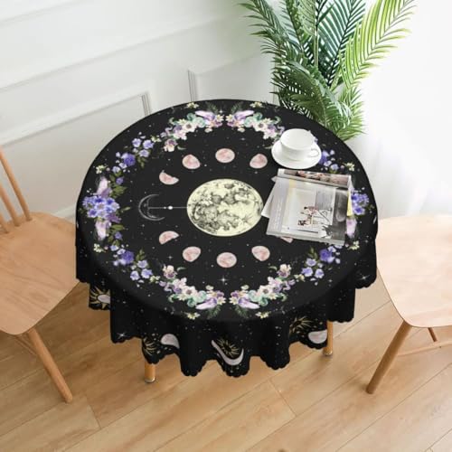 Moon Floral Tablecloth Round, Boho Moon Phase Astrology Mystical Gothic Flower Stars Witchy Water Resisitant Wipeable Table Cover for Dining Kitchen Living Room Home Party Holiday Decor 36 inch Round - color: Tc-boho Flower02, size: 36" (Round)