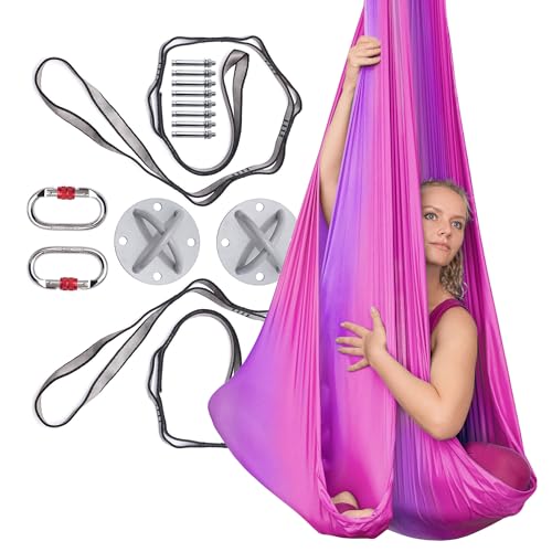 AyuHome Aerial Silks Kit for Home - Premium Yoga Swing for Adults with 660 lbs Capacity - Versatile Aerial Yoga Hammock for Gymnastics Training - color: Aerial silk - Purple & Pink - New