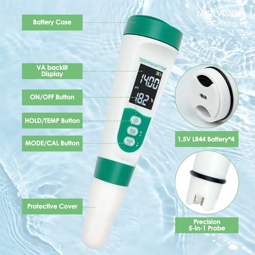 5-in-1 Digital pH Meter, Highly Accurate Water Quality Tester with Backlight Screen, pH/EC/TDS/Salinity/Temp Meter, 0.01 Resolution pH Tester, TDS Meter for Drinking Water, Pool, Aquarium