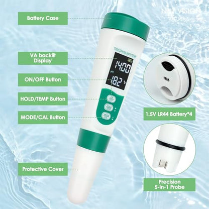 5-in-1 Digital pH Meter, Highly Accurate Water Quality Tester with Backlight Screen, pH/EC/TDS/Salinity/Temp Meter, 0.01 Resolution pH Tester, TDS Meter for Drinking Water, Pool, Aquarium