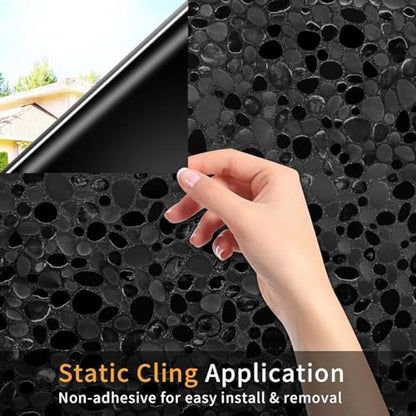 JAYONG Total Blackout Window Privacy Film with Tools, 35.4'' x 196.8'' | 3D Pebble Pattern, 100% Light & UV Blocking Heat Control, No Glue Static Cling Room Darkening Glass Tint for Bedroom Bath - color: Pebble Pattern - Total Black, size: 35.4 x 196.8 In