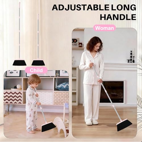 BSKLIN Broom and Dustpan Set, 52” Long Adjustable Handle Broom with Dustpan Combo Set with Dust Pan Teeth to Clean Hair for Home Lobby Office Kitchen (Small-Pink-Purple) - size: Small-pink-purple