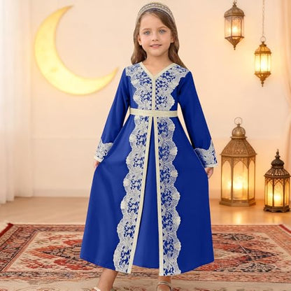 FYMNSI Kids Girls Muslim Abaya Dress Modest Lace Belted Prayer Dress Islamic Maxi Robe Kaftan Ramadan Arabian Dubai Clothes - color: Royal Blue, size: 6-7 Years
