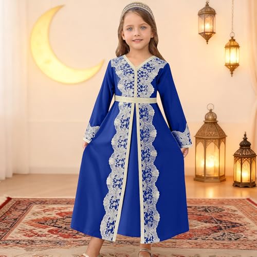 FYMNSI Kids Girls Muslim Abaya Dress Modest Lace Belted Prayer Dress Islamic Maxi Robe Kaftan Ramadan Arabian Dubai Clothes - color: Royal Blue, size: 12-13 Years
