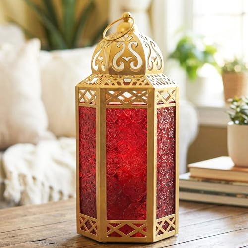 Vela Lanterns 12" Metal Moroccan Decorative Candle Lantern Holders for Hanging or Table, Indoor Home Decor, Outdoor Patio or Porch, Weddings, Gold, Red Glass, Large - color: Gold/Red, size: Large
