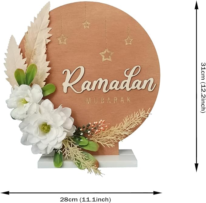 Ramadan Mubarak Artificial Flower Decorations, 12.2in Round Shape Wreaths Desktop Decor, Eid Al-fitr Mubarak Table Ornaments for Muslim Home Desk Fireplace Party Supplies