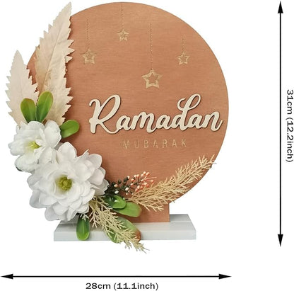 Ramadan Mubarak Artificial Flower Decorations, 12.2in Round Shape Wreaths Desktop Decor, Eid Al-fitr Mubarak Table Ornaments for Muslim Home Desk Fireplace Party Supplies