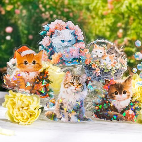 Yoksas Holographic Sparkle Cute Cat Stickers- 60Pcs Waterproof Kawaii Kitty Stickers for Scrapbooks,Journalig,Water Bottles,Planner - color: Sparkle Cat
