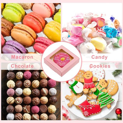 Zonon 30 Pcs Kraft Paper Boxes with Window 4.13 x 4.13 x 1.18 Inch Candy Packaging, Small Gift Boxes, Soap holder, Mini Treat Packaging for Bakery Chocolate Jewelry Display (Pink) - color: Pink