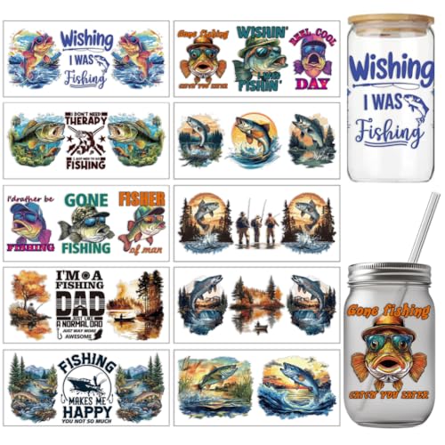 arricraft 10 Pcs Colorful Go Fishing Theme Cup Printing UV Transfer Papers, 10 Styles Streamside Lake Fores Boat Fisherman UV DTF Cup Wrap Stickers for 16 OZ Glass Cups Crafts 9.5x4.3inch - style: Go Fishing Theme