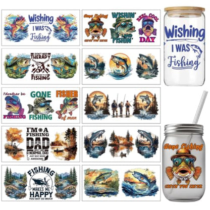 arricraft 10 Pcs Colorful Go Fishing Theme Cup Printing UV Transfer Papers, 10 Styles Streamside Lake Fores Boat Fisherman UV DTF Cup Wrap Stickers for 16 OZ Glass Cups Crafts 9.5x4.3inch - style: Go Fishing Theme