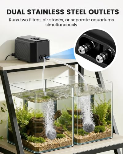 fishkeeper Strong Aquarium Air Pump 3W/6W/10W for 1-200 Gallon | Stainless Steel Dual Outlets Adjustable Fish Tank Air Pump, Ultra Quiet Oxygen Aerator with Air Stone Bubbler Accessories - size: 3W(for Up to 80 Gallon Tanks)