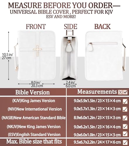 Vegan Leather Bible Cover Case, Bible Bag with Phone Pocket, Bible Case for Women, Christian Gift Box Packaging (White – with Strap) - color: White – With Strap