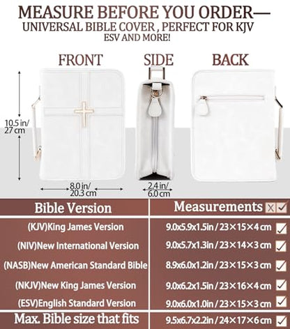 Vegan Leather Bible Cover Case, Bible Bag with Phone Pocket, Bible Case for Women, Christian Gift Box Packaging (White – with Strap) - color: White – With Strap