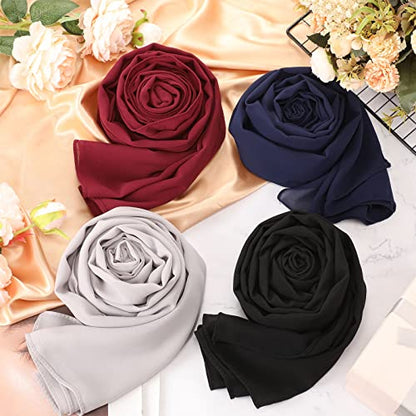 4 Pcs Women Chiffon Scarves 4 Pcs Hijab Caps Long Shawl Soft Wrap Scarves Islamic Muslim Underscarf Turban Caps Sleep Hats - color: Cool Colors