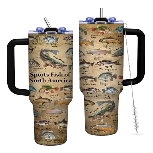 Fish Gifts for Dad, 40oz Tumbler with Handle and Straw, Fishing Gifts for Men, Birthday Gifts for Fisherman, Party Supplies, Fishing Coffee Mug, Stainless Steel Cup - color: Fish-BM