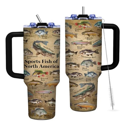Fish Gifts for Dad, 40oz Tumbler with Handle and Straw, Fishing Gifts for Men, Birthday Gifts for Fisherman, Party Supplies, Fishing Coffee Mug, Stainless Steel Cup - color: Fish-BM