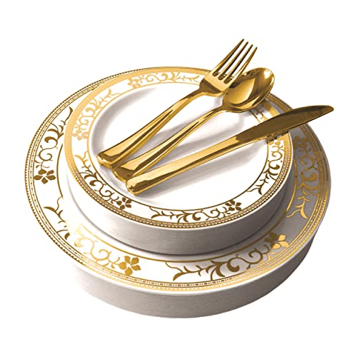 125-Piece White and Gold Floral Fancy Plastic Plates Disposable with Silverware, Elegant Dinnerware for Weddings, Holiday Party China, Set of 25 Dinner + Salad Plates, 25 Spoons, 25 Forks, 25 Knives - color: Gold Floral