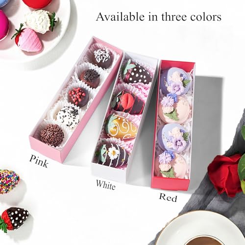 25Pack Pink Chocolate Covered Strawberry Box for 4, Macaron boxes, Long Treat Box for Truffles, Cookies, Ores, Chocolate Cocoa Bombs&Cake Ball Bakery Packaging Supplies - color: Pink