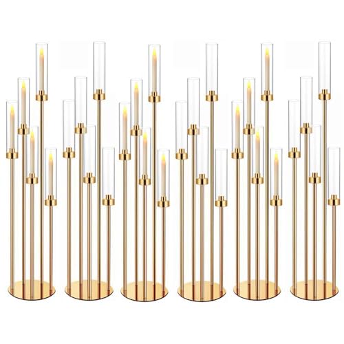 42.5in Gold Candle Holders for Table Centerpiece Candelabra Candlestick Holders Decor Wedding Centerpiece Table Decorations 5 arm Candle Holder Set of 6 Acrylic lampshade Fit 0.9" LED Candle - color: Gold, size: 42.5 in