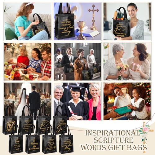 Aliceset 64 Pcs Christian Gift Bags Bulk with Handles for Church Favors Reusable Medium Bible Verse Religious Gift Bags Non Woven Welcome Totes for Baptism Vacation Bible School Gifts (Black) - color: Black
