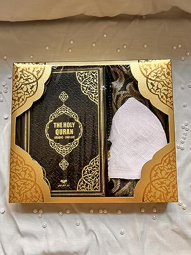 Decoret English Translate Thermo Leather Covered Quran, Tafta Prayer Mat, Pearl Breads, Man Takke and Luxury Gift Box 5 Pieces Set, Great Ramadan Gifts for Muslim Men and Women Gift (1 Sets, Black) - color: Black, size: 1 Sets