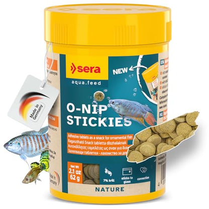Sera O-Nip Stickies 100 Tabs 2.1 oz | Complete Feed for All Ornamental Fish | Adhesive Tablets Stick to The Aquarium Glass | High Protein | No Dyes & Preservatives | with Bloodworms, Krill & Tubifex - size: 2.1 Ounce (Pack of 1)